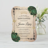 Elegant Green and Gold Quinceañera Rustic Birthday 招待状 (スタンド正面)