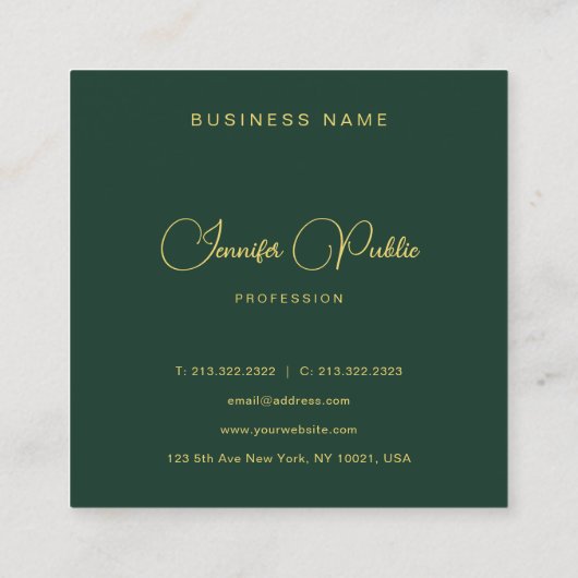 Elegant Green And Gold Text Script Premium Silk スクエア名刺 (裏面)