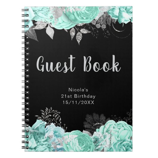 Elegant Green and Silver Flower Guest Book ノートブック (正面)