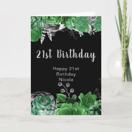Elegant Green and Silver Flowers Birthday Party カード