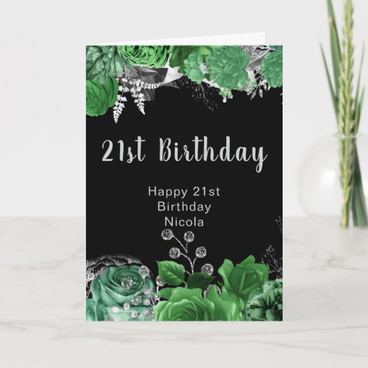 Elegant Green and Silver Flowers Birthday Party  カード (正面)