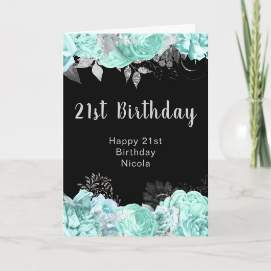 Elegant Green and Silver Flowers Birthday Party カード (正面)