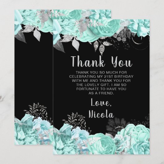 Elegant Green and Silver Flowers Birthday Party サンキューカード (正面/裏面)