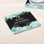 Elegant Green and Silver Flowers Birthday Party スクエアペーパーコースター (アングル)