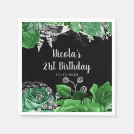 Elegant Green and Silver Flowers Birthday Party スタンダードカクテルナプキン