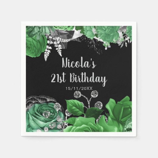 Elegant Green and Silver Flowers Birthday Party  スタンダードカクテルナプキン (正面)