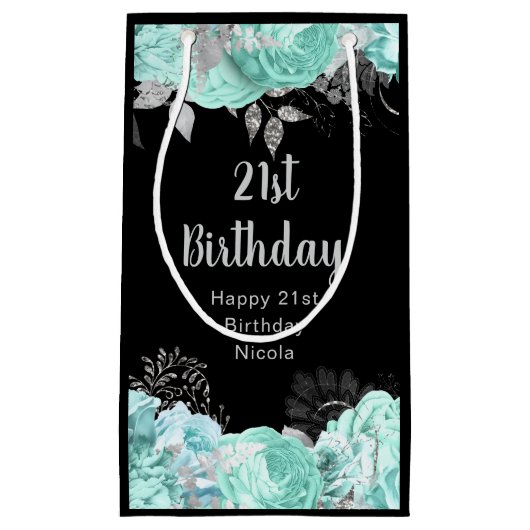 Elegant Green and Silver Flowers Birthday Party スモールペーパーバッグ (正面)