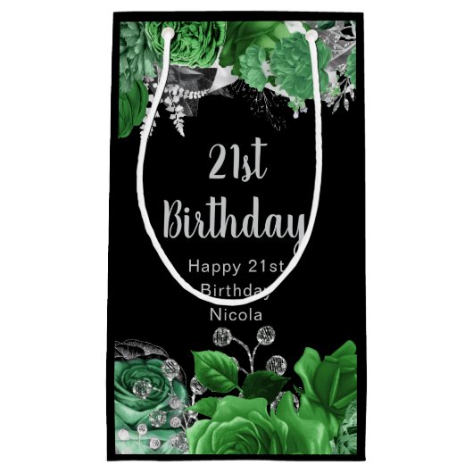 Elegant Green and Silver Flowers Birthday Party スモールペーパーバッグ (正面)