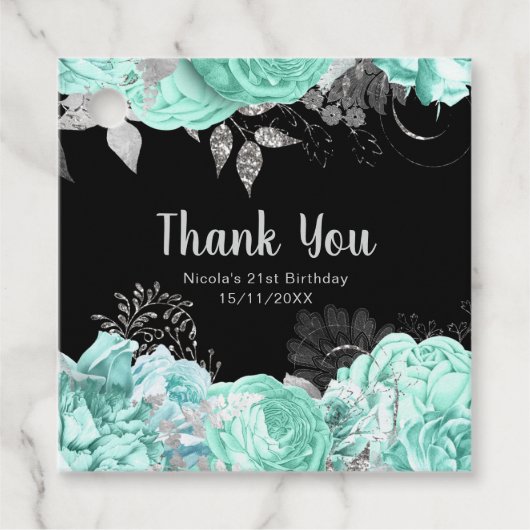 Elegant Green and Silver Flowers Birthday Party フェイバータグ (正面)