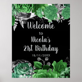Elegant Green and Silver Flowers Birthday Party ポスター