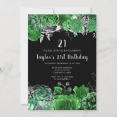 Elegant Green and Silver Flowers Birthday Party 招待状 (正面)