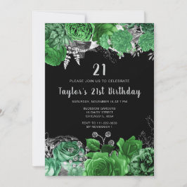 Elegant Green and Silver Flowers Birthday Party 招待状
