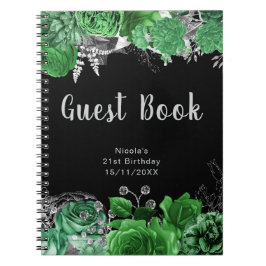 Elegant Green and Silver Flowers Guest Book ノートブック
