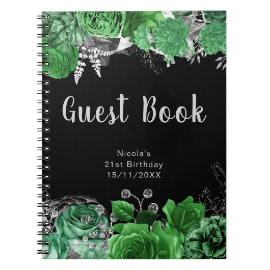 Elegant Green and Silver Flowers Guest Book ノートブック (正面)