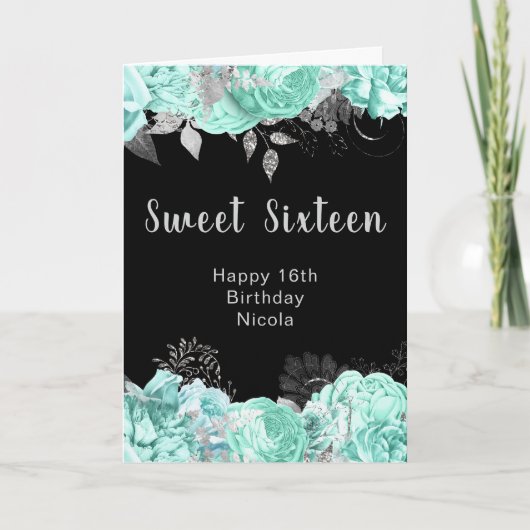 Elegant Green and Silver Flowers Sweet Sixteen カード (正面)