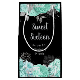 Elegant Green and Silver Flowers Sweet Sixteen スモールペーパーバッグ