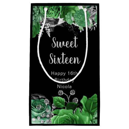 Elegant Green and Silver Flowers Sweet Sixteen  スモールペーパーバッグ (正面)