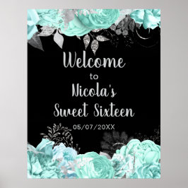 Elegant Green and Silver Flowers Sweet Sixteen ポスター