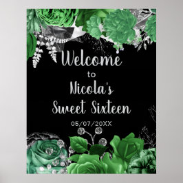 Elegant Green and Silver Flowers Sweet Sixteen  ポスター