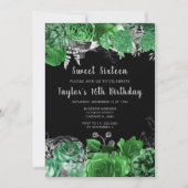 Elegant Green and Silver Flowers Sweet Sixteen 招待状 (正面)