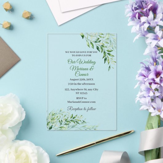 Elegant Green Botanical Wedding  アクリル招待状 (インサイチュ (ウェディング))