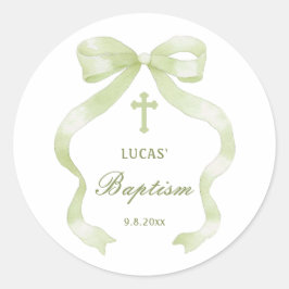 Elegant Green Bow Baptism Classic Round Sticker ラウンドシール
