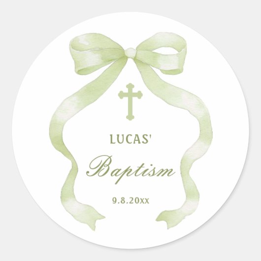 Elegant Green Bow Baptism Classic Round Sticker ラウンドシール (正面)