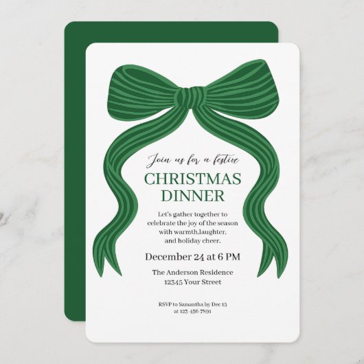 Elegant Green Bow Christmas Dinner Invitation 招待状 (正面/裏面)