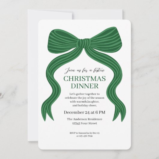 Elegant Green Bow Christmas Dinner Invitation 招待状 (正面)