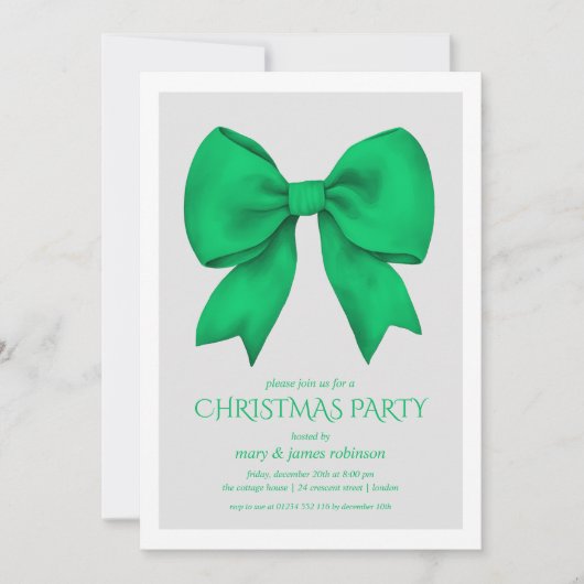 Elegant Green Bow Christmas Holiday Party  招待状 (正面)