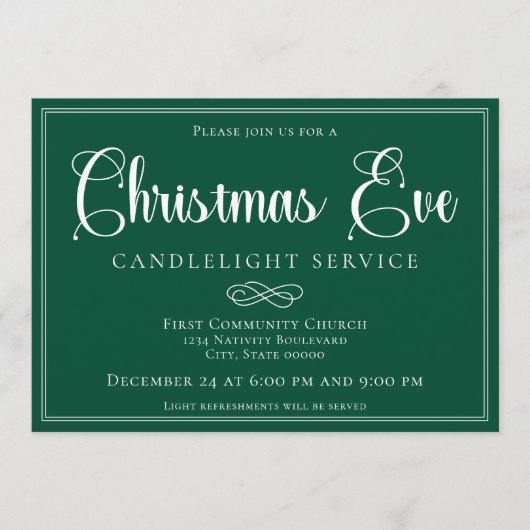 Elegant Green Christmas Eve Candlelight Service 招待状 (正面)
