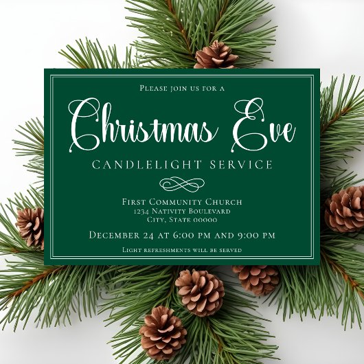 Elegant Green Christmas Eve Candlelight Service 招待状