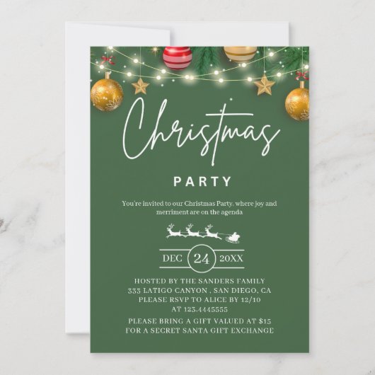 Elegant Green Christmas Party Invitation 招待状 (正面)