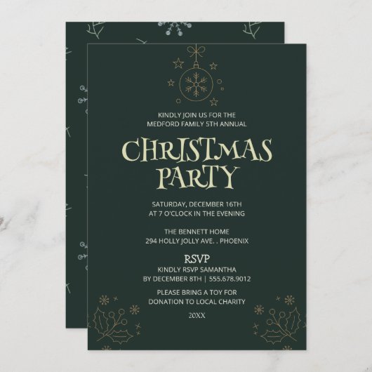Elegant Green Christmas Party Invitation – Holiday 招待状 (正面/裏面)