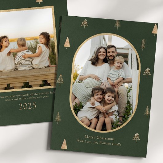 Elegant Green Christmas Photo Card with Gold Trees シーズンカード