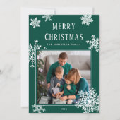 Elegant Green Christmas Snowflakes Photo シーズンカード (正面)