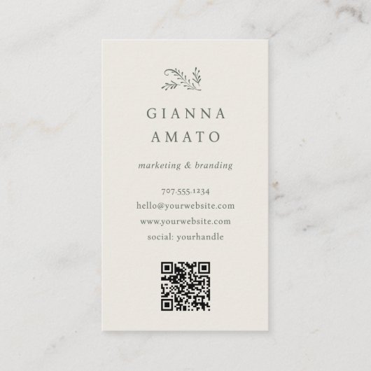 Elegant Green & Cream Botanical QR Code Vertical 名刺 (裏面)