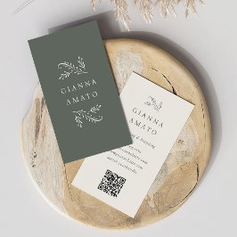 Elegant Green & Cream Botanical QR Code Vertical 名刺