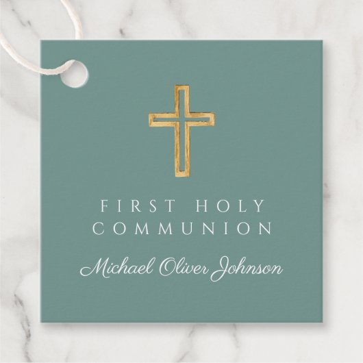 Elegant Green Cross Boy First Communion フェイバータグ (正面)