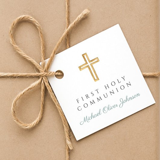 Elegant Green Cross Boy First Communion フェイバータグ