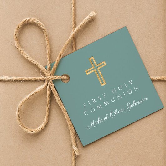 Elegant Green Cross Boy First Communion フェイバータグ
