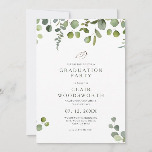 Elegant Green Eucalyptus Graduation Invitation 招待状 (正面)