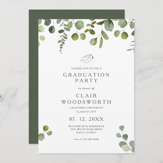 Elegant Green Eucalyptus Graduation Invitation 招待状 (正面/裏面)