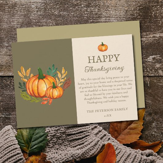 Elegant Green Fall Pumpkin Happy Thanksgiving Card シーズンカード