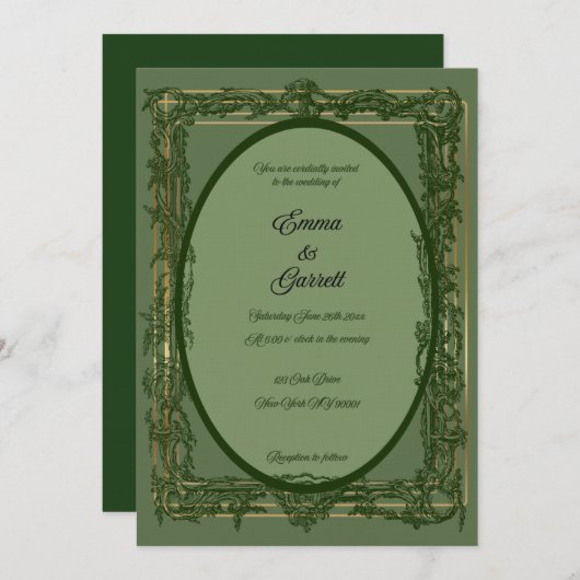 Elegant Green Filigree Wedding Invitation 招待状 (正面/裏面)