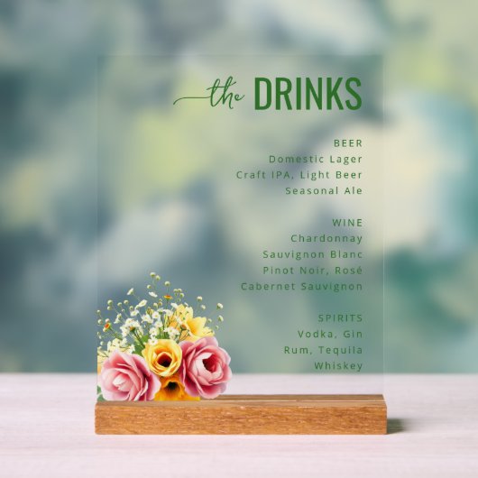 Elegant Green Floral Beverage Menu アクリルサイン (ニュートラル)