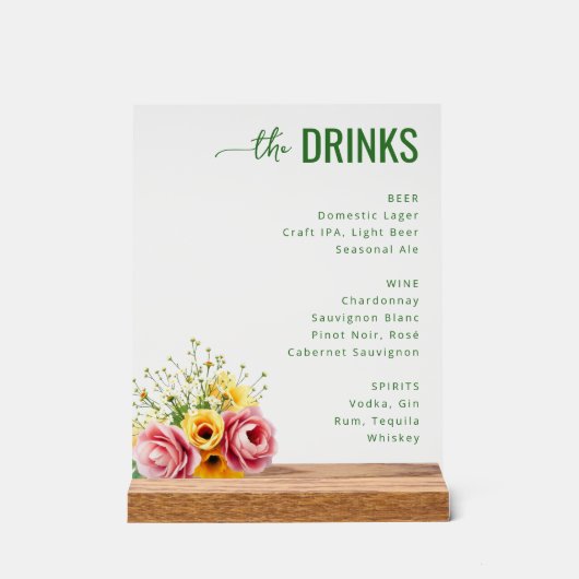 Elegant Green Floral Beverage Menu アクリルサイン (正面)
