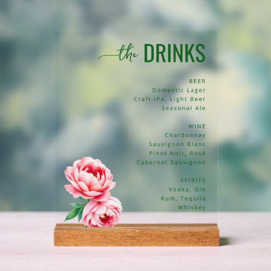 Elegant Green Floral Beverage Menu アクリルサイン (ニュートラル)