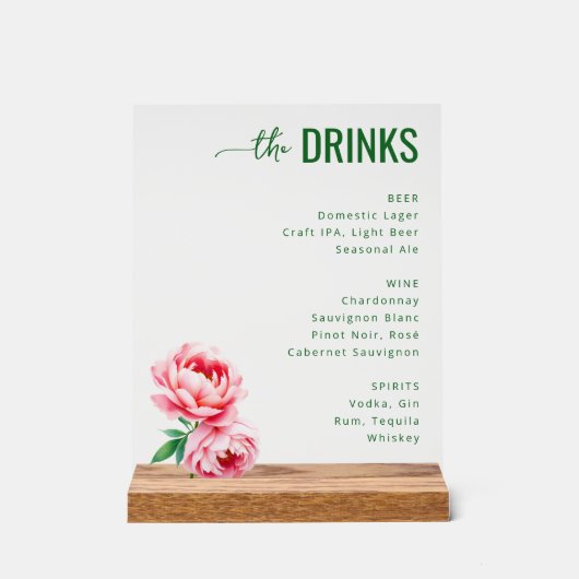 Elegant Green Floral Beverage Menu アクリルサイン (正面)