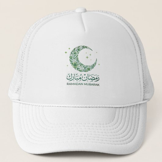 Elegant Green Floral Crescent Ramadan Mubarak Arab キャップ (正面)